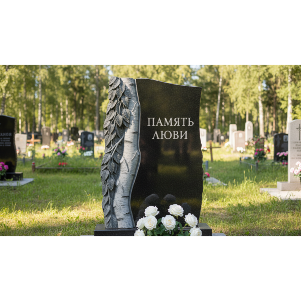 Резной памятник на могилу из черного гранита в виде плакучей ивы, барельеф от мастерской Grevir