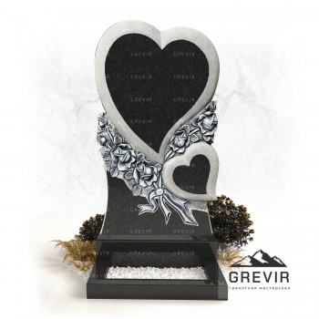 Эксклюзивный памятник из гранита с двумя сердцами и розами gr680