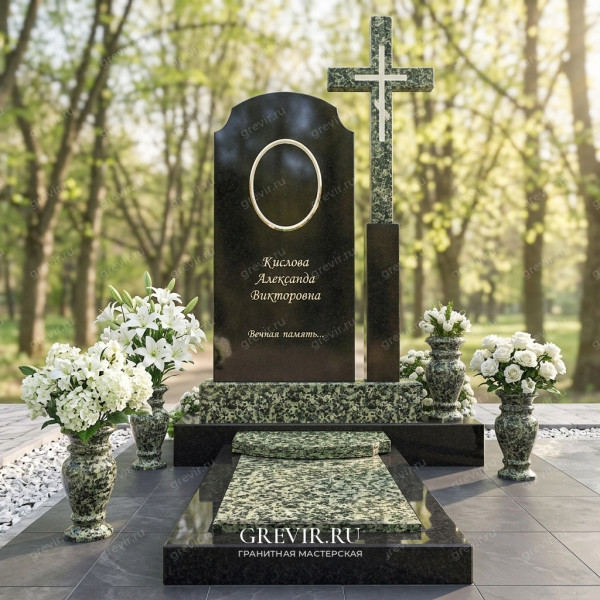 Комбинированный гранитный памятник с крестом Диабаз и Луковецкий gr1057