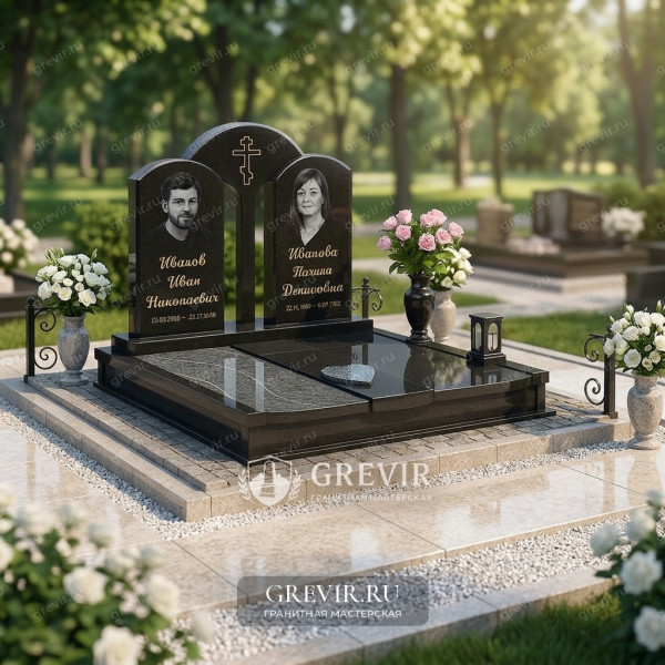 Семейный гранитный комплекс с двойной стелой и крестом gr1072