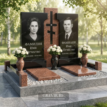 Памятник на двоих с портретами и крестом