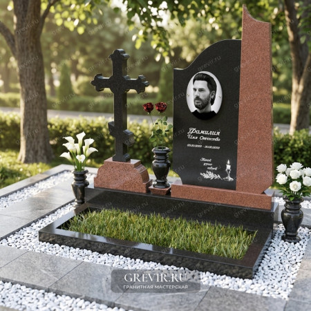 Гранитный комплекс из красного гранита с черным крестом kom65019